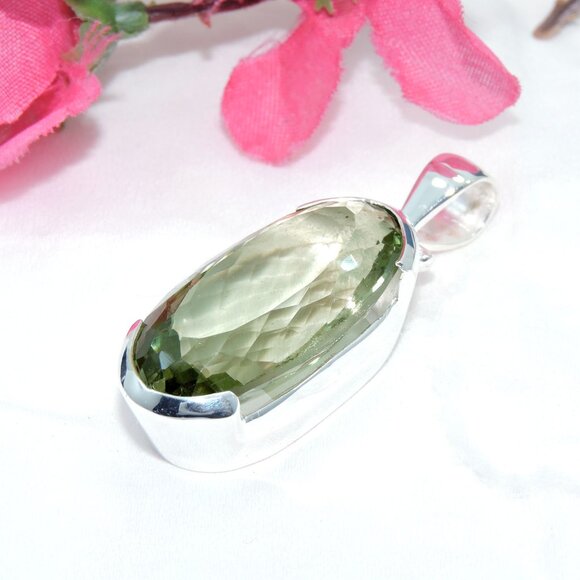 Green Amethyst Cut Pendant, 925 Sterling Silver, One of Kind Statement Pendant - Picture 2 of 6